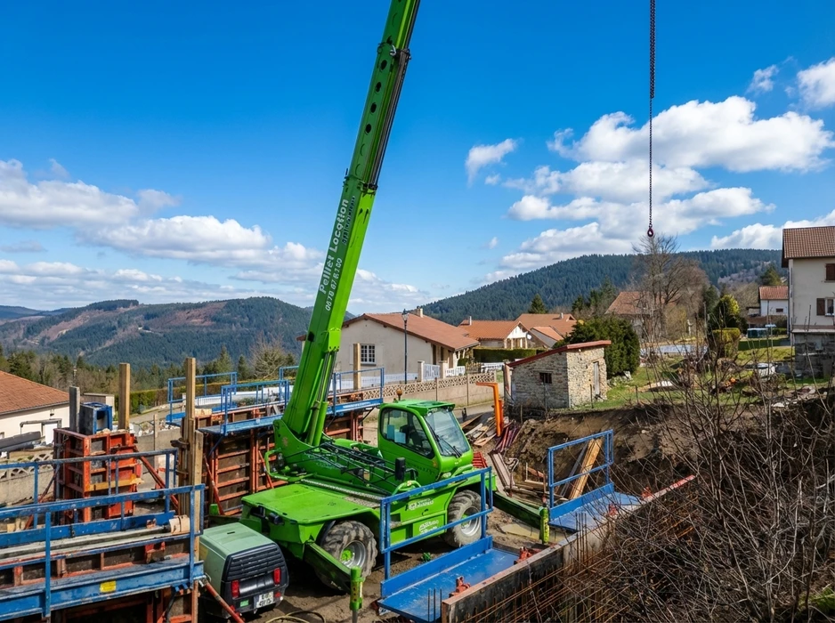 Chantier extérieur, construction d'un mur de soutènement en poteaux de bois équarri (type chêne ou mélèze), fichés verticalement sur semelle métallique, retenant un talus