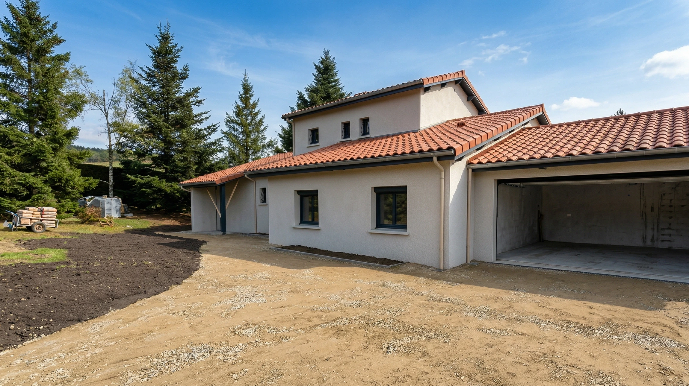 Chantier de construction r&eacute;sidentielle en cours avec ouvriers travaillant sur structure mixte b&eacute;ton et bois